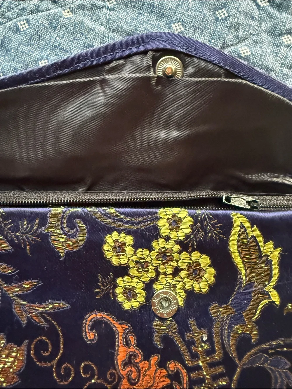 Vintage Brocade Clutch Wallet Travel Organizer Asian Floral Satin